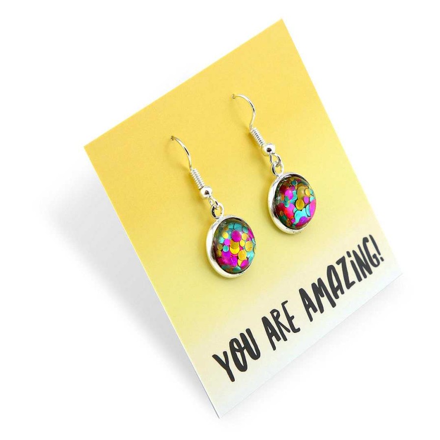 Jewellery Sparklefest | Sparklefest - You Are Amazing - Stainless Steel Bright Silver Dangles - Big Glitter Aqua, Pink & Gold (9207)