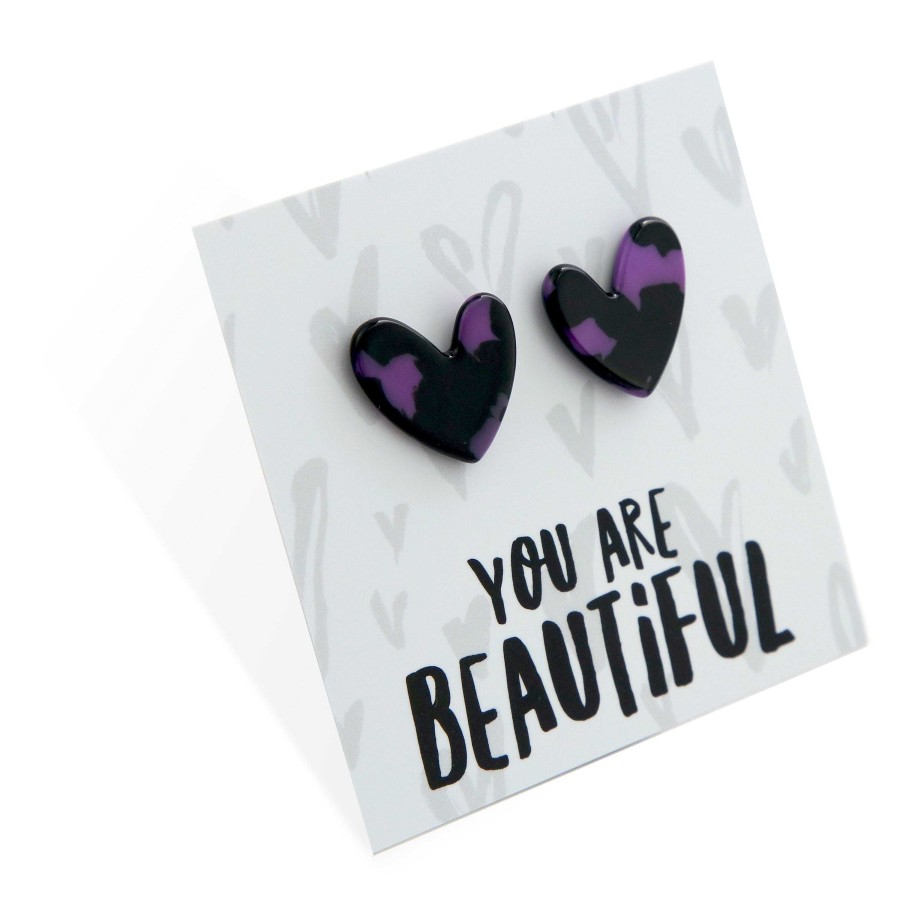 Jewellery Statement Earrings | You Are Beautiful - Resin Heart Studs - Purple Patch (12762)