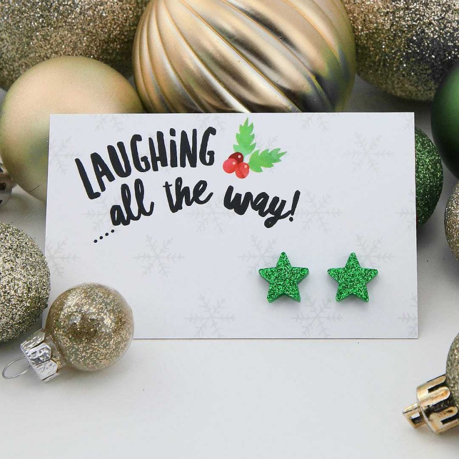 Jewellery Christmas | Sparkle Acrylic Studs Stars - Laughing All The Way - Green Glitter (9114-R)