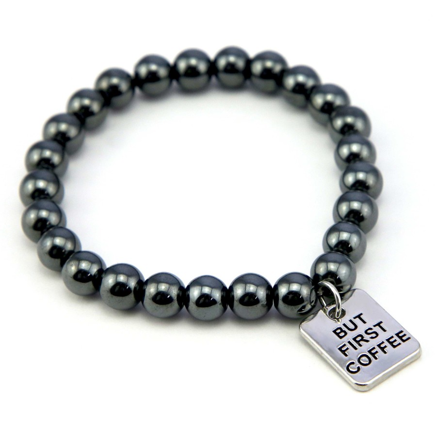 Jewellery Bracelets | The Strong Women Collection Hematite Bracelet 8Mm Beads With Word Charm - Graphite