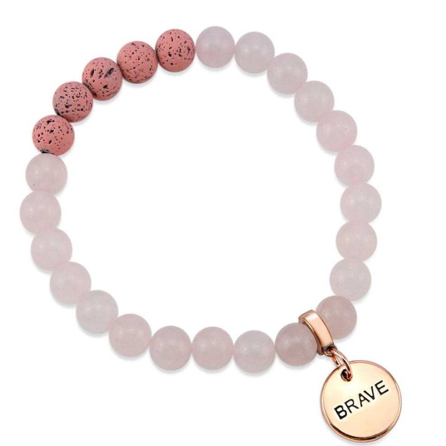 Jewellery Bracelets | Lava Stone Bracelet - 8Mm Rose Quartz Pink Lava Stone Beads - With Rose Gold Word Charm