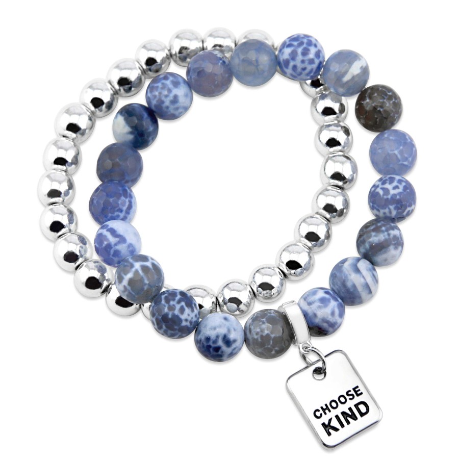 Jewellery Bracelets | Bracelet Duo! 10Mm Blue Agata Tourmaline & 8Mm Silver Bead Bracelet Stacker Set - Choose Kind (12053)