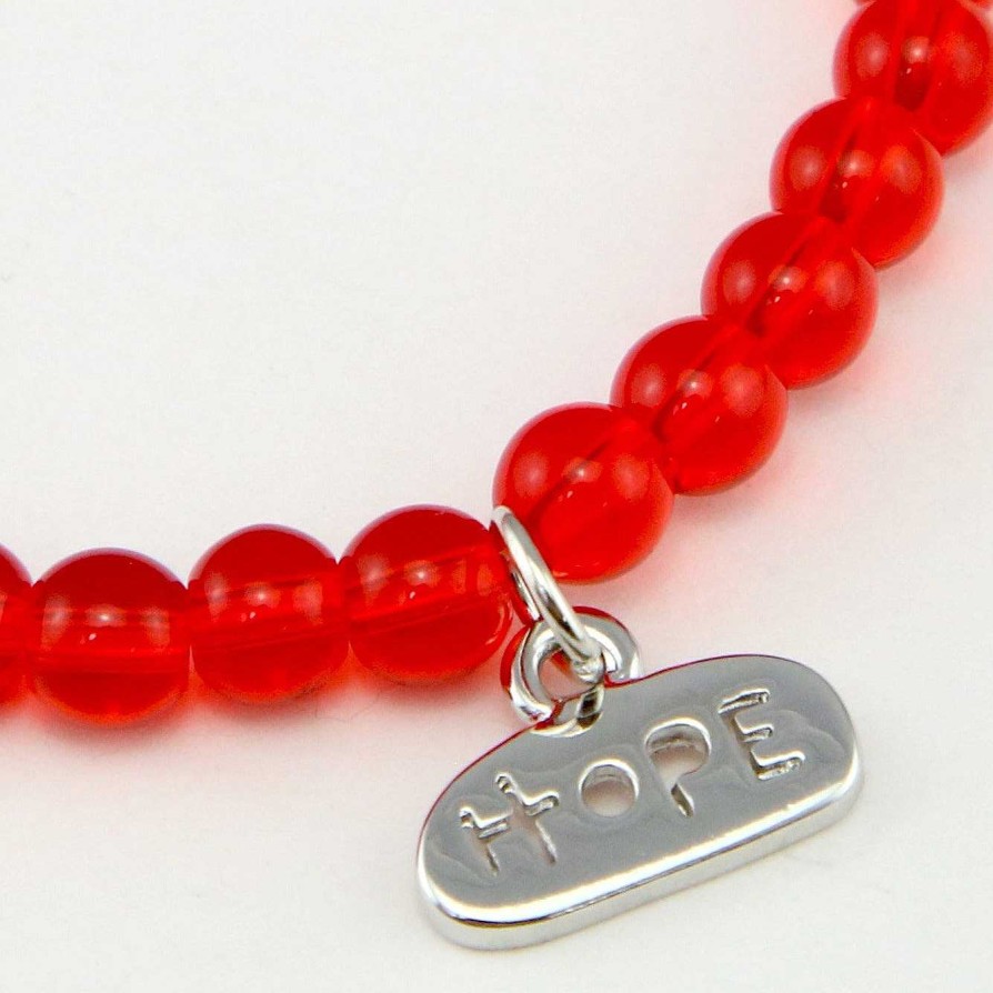 Jewellery Christmas Bracelets | Christmas Bracelet - Red Glass 6Mm Bead Bracelet With Silver Word Charm