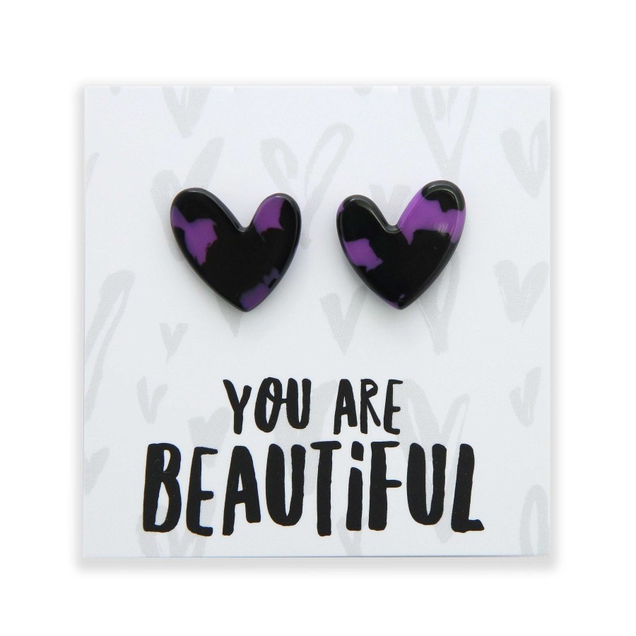 Jewellery Statement Earrings | You Are Beautiful - Resin Heart Studs - Purple Patch (12762)