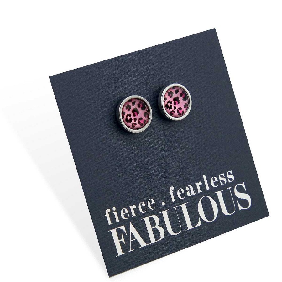 Jewellery Stainless Steel Circle Studs | Fierce Fearless Fabulous - Silver Stainless Steel 8Mm Silver Studs - Pink Leopard (8915-F)