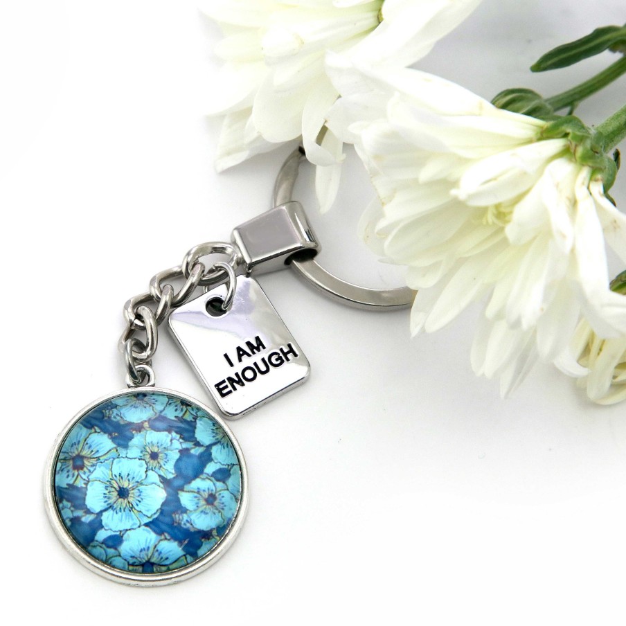 Accessories Papa Glewy | Teal Collection - Vintage Silver 'I Am Enough' Keyring - Sky Bloom (12211)