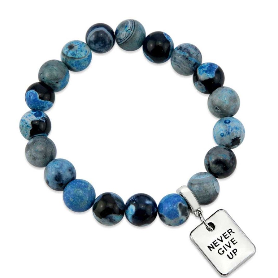 Jewellery Bracelets | Stone Bracelet - Blue Lagoon Fire Agate Stone - 10Mm Beads With Silver Word Charm