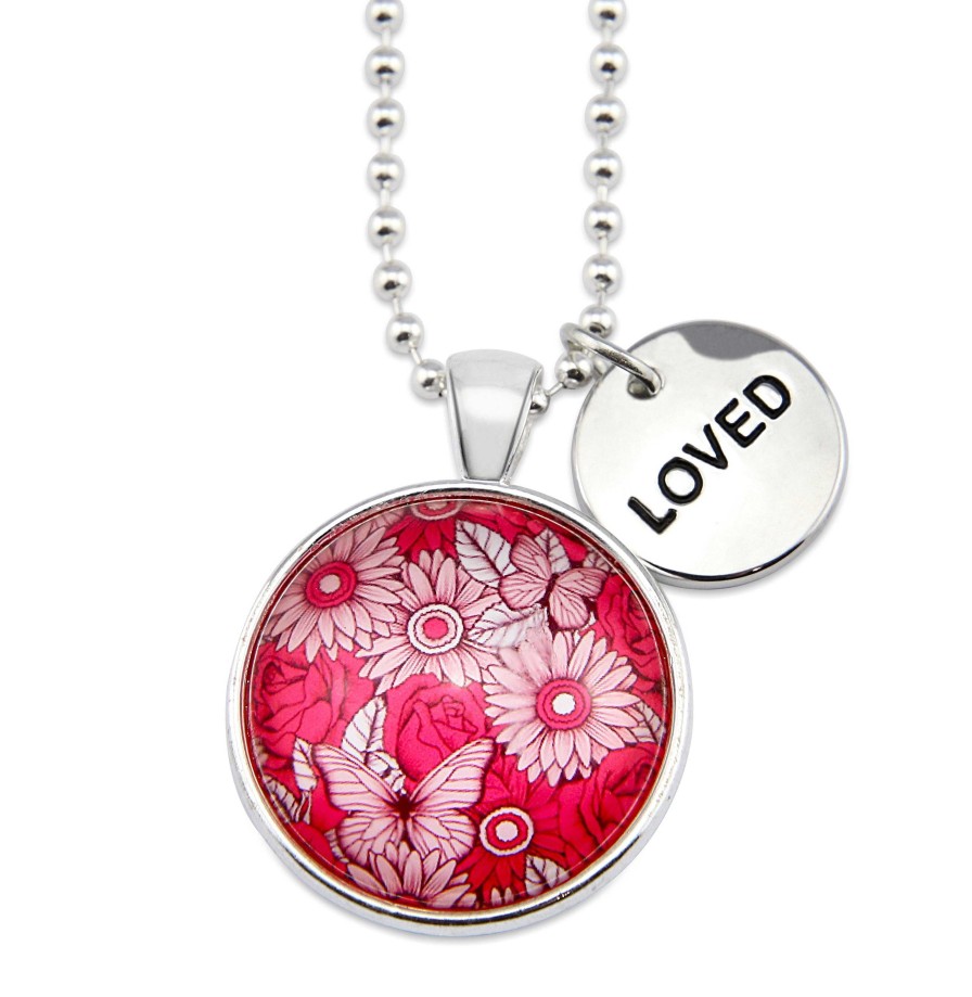 Jewellery Papa Glewy | Pink Collection - Bright Silver 'Loved' Circle Necklace - Butterfly Patch (10411)