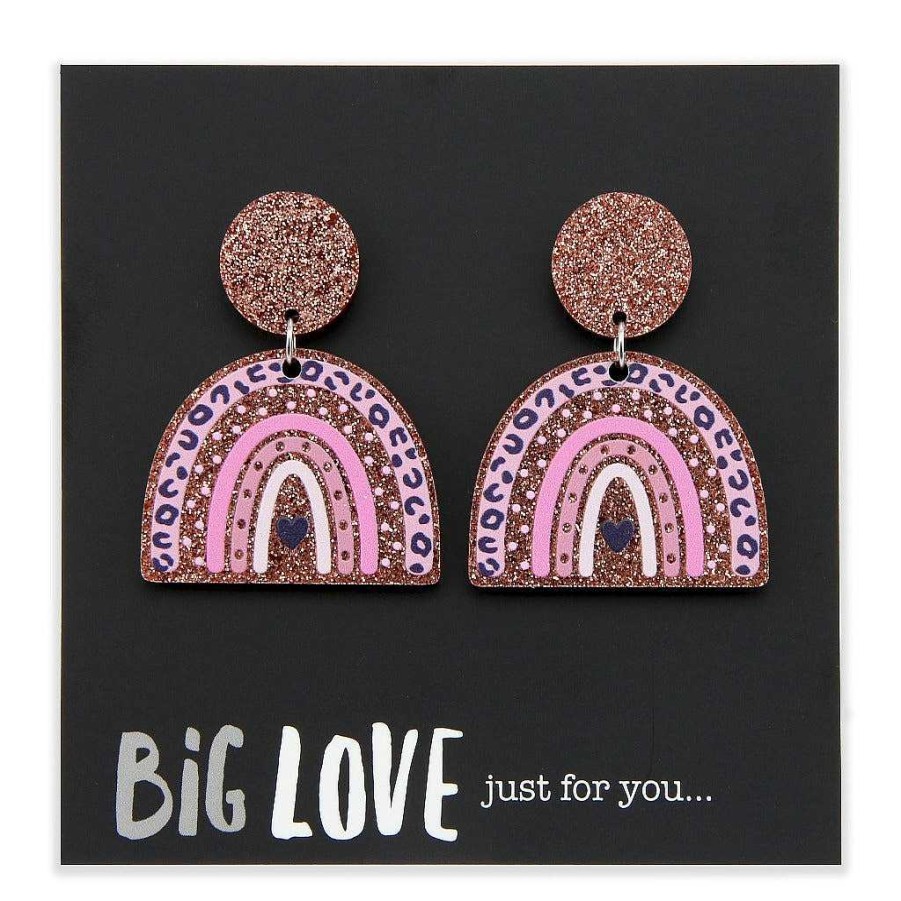 Jewellery Statement Earrings | Acrylic Glitter Rainbow Dangles - Big Love Just For You - Pink & Rose Gold (2403)