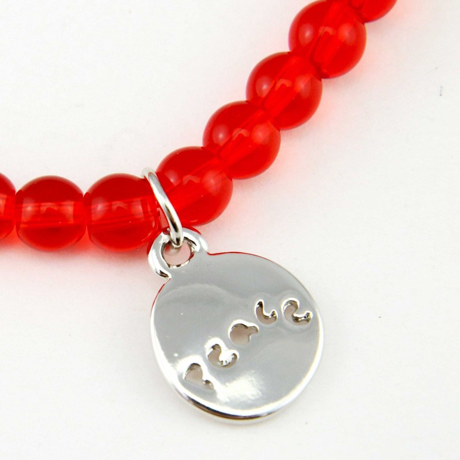 Jewellery Christmas Bracelets | Christmas Bracelet - Red Glass 6Mm Bead Bracelet With Silver Word Charm