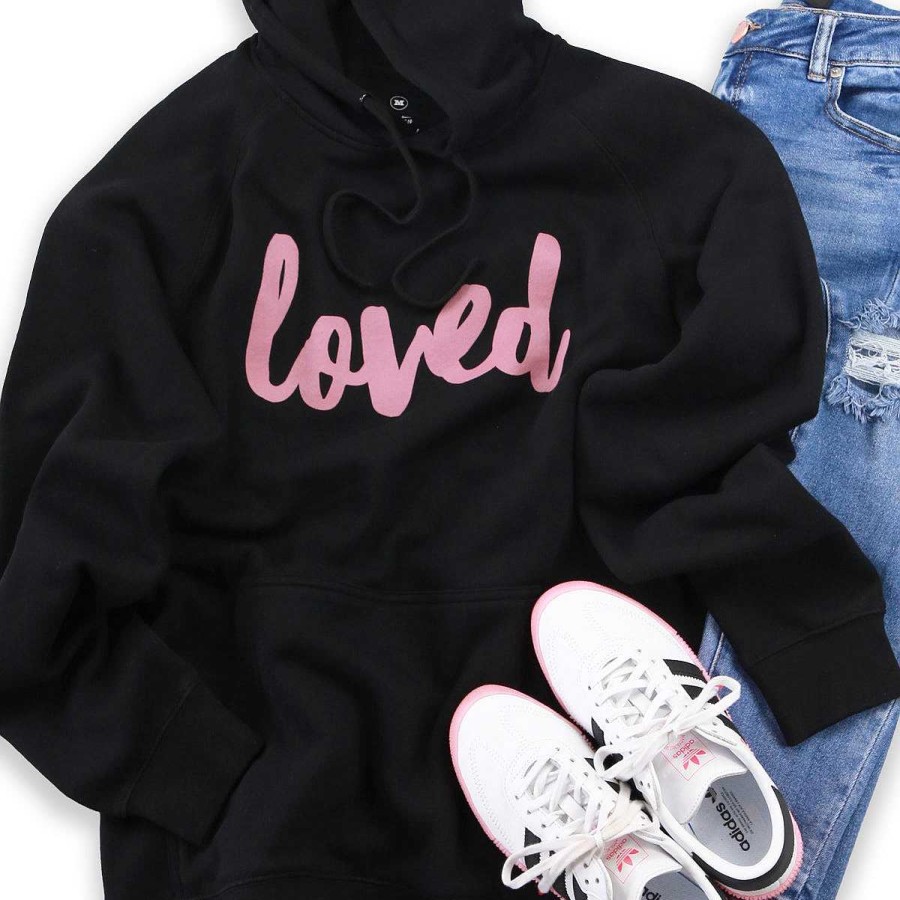 Apparel Hoodies | Loved Hoodie - Black With Dusty Blush Pink Print