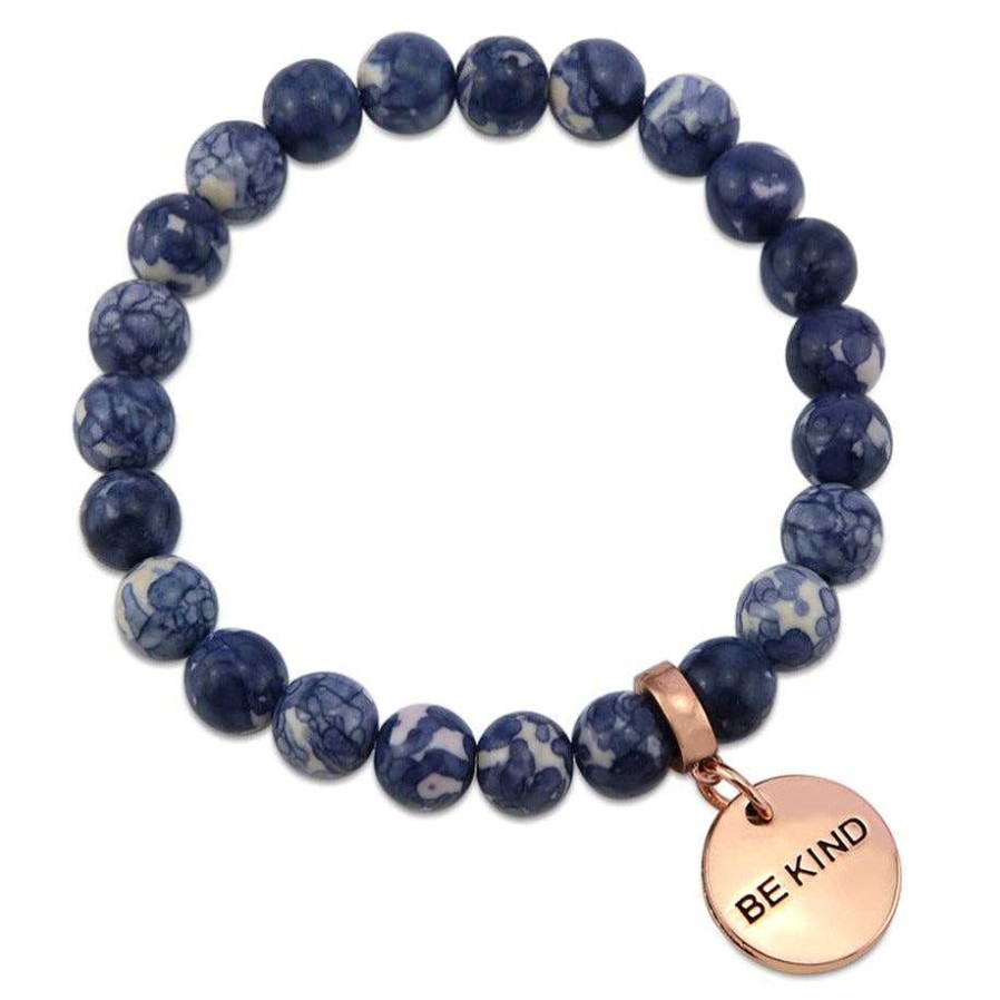 Jewellery Bracelets | Stone Bracelet - Indigo Nights Patch Agate Stone - 8Mm Beads With Rose Gold Word Charm