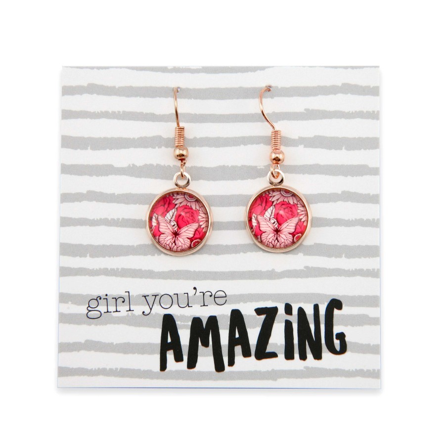 Jewellery Circle Drop Dangles | Pink Collection - Girl You'Re Amazing - Rose Gold Dangle Earrings - Butterfly Patch (9816)