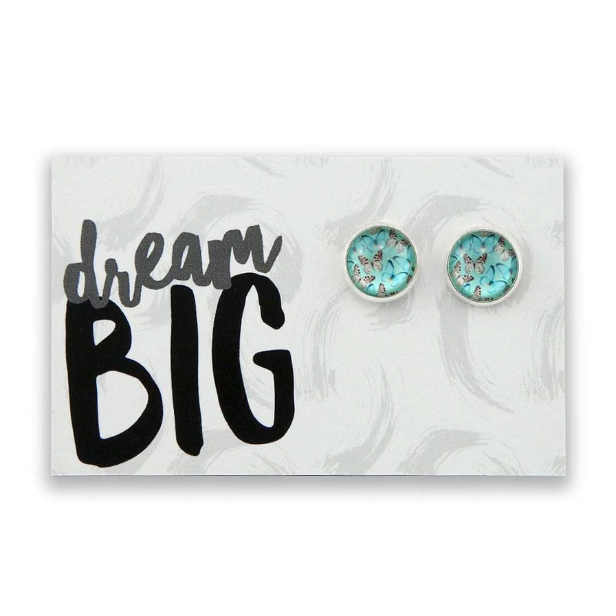 Jewellery Deluxe Stud Earrings | Heart & Soul Collection - Dream Big - Bright Silver Surround Circle Studs - Butterfly Flutter (9409)