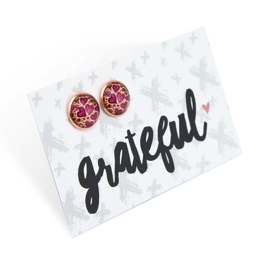 Jewellery Deluxe Stud Earrings | Spring - Grateful - Rose Gold 12Mm Circle Studs - Heart Patch (12811)