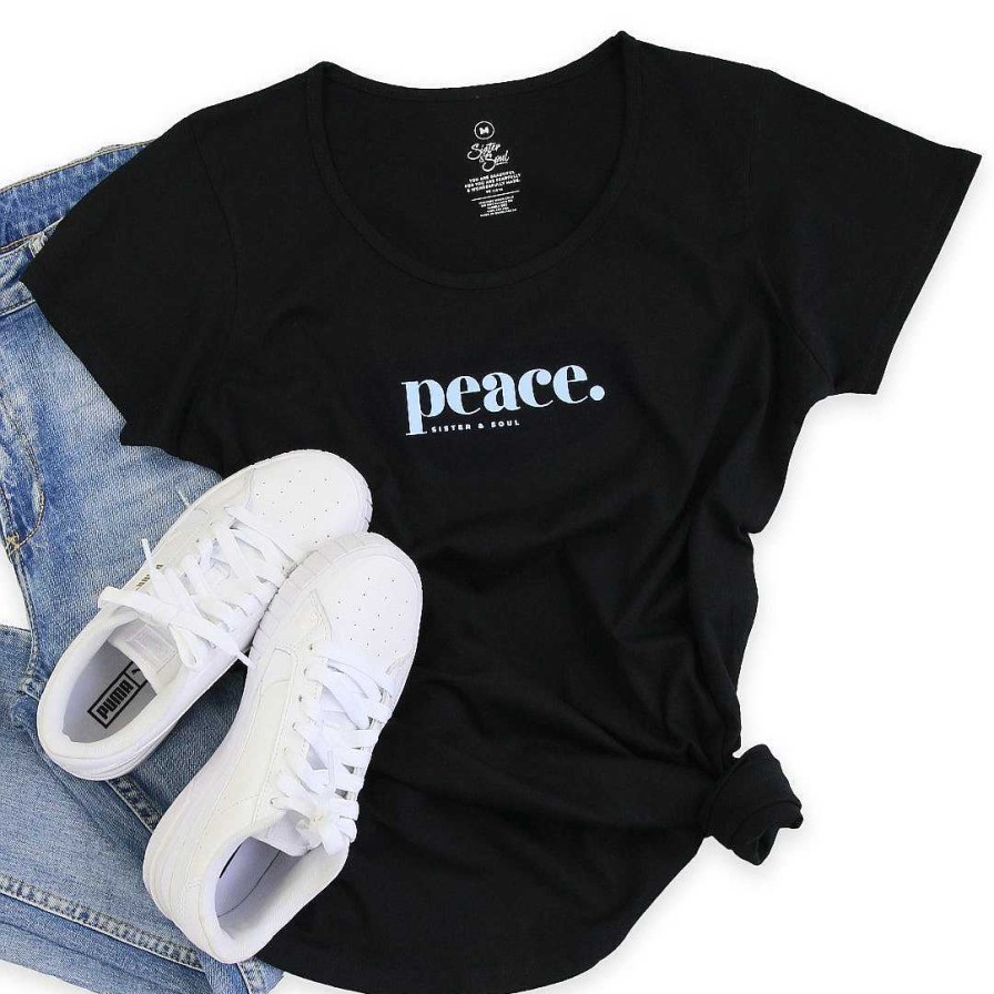 Apparel Tees Tanks & Totes | Peace - Scoopy Tee - Black With Soft Blue Print (C502)