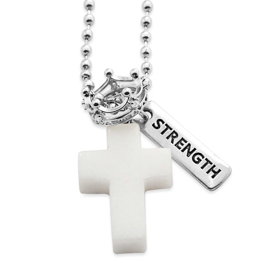 Jewellery Cross & Crown | Cross & Crown Necklace - Pure White Jade - With Word Charm