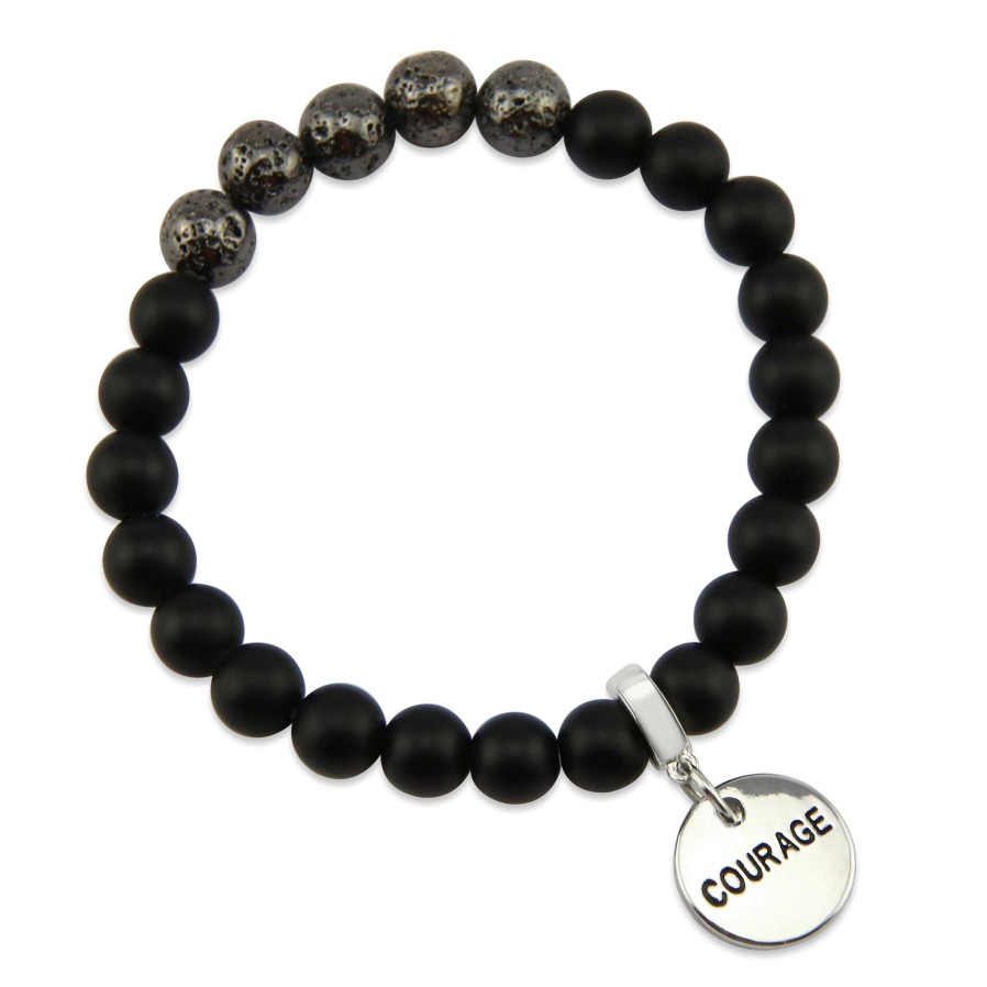 Jewellery Bracelets | Lava Stone Bracelet - 8Mm Matt Black Onyx + Metallic Lava Stone Beads - With Silver Word Charm