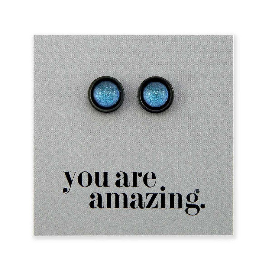 Jewellery Stainless Steel Circle Studs | You Are Amazing - Black Stainless Steel 8Mm Circle Studs - Blue Shimmer (11263)