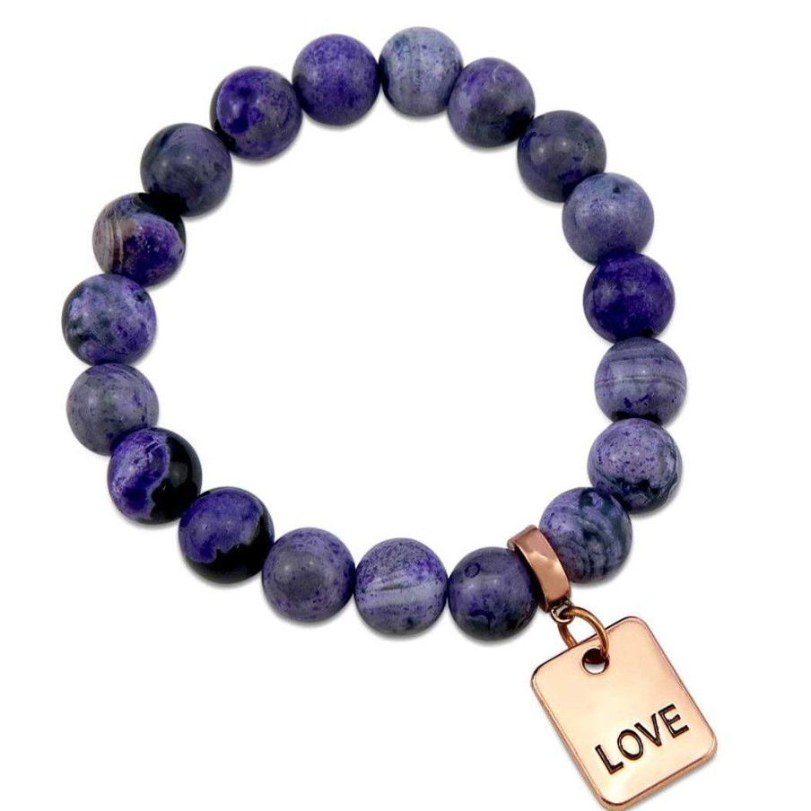 Jewellery Bracelets | Stone Bracelet - Purple Fire Agate Stone - 10Mm Beads With Rose Gold Word Charm