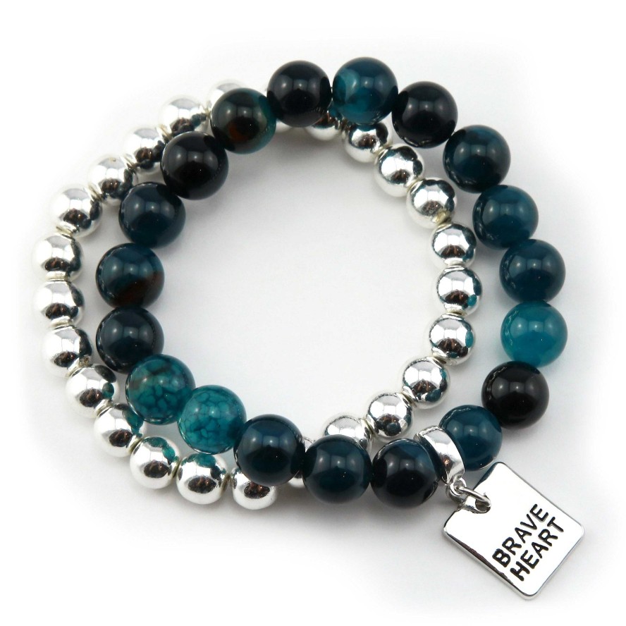 Jewellery Bracelets | Bracelet Duo! 10Mm Oceans Teal Tourmaline & 8Mm Silver Bead Bracelet Stacker Set - Brave Heart (10831)