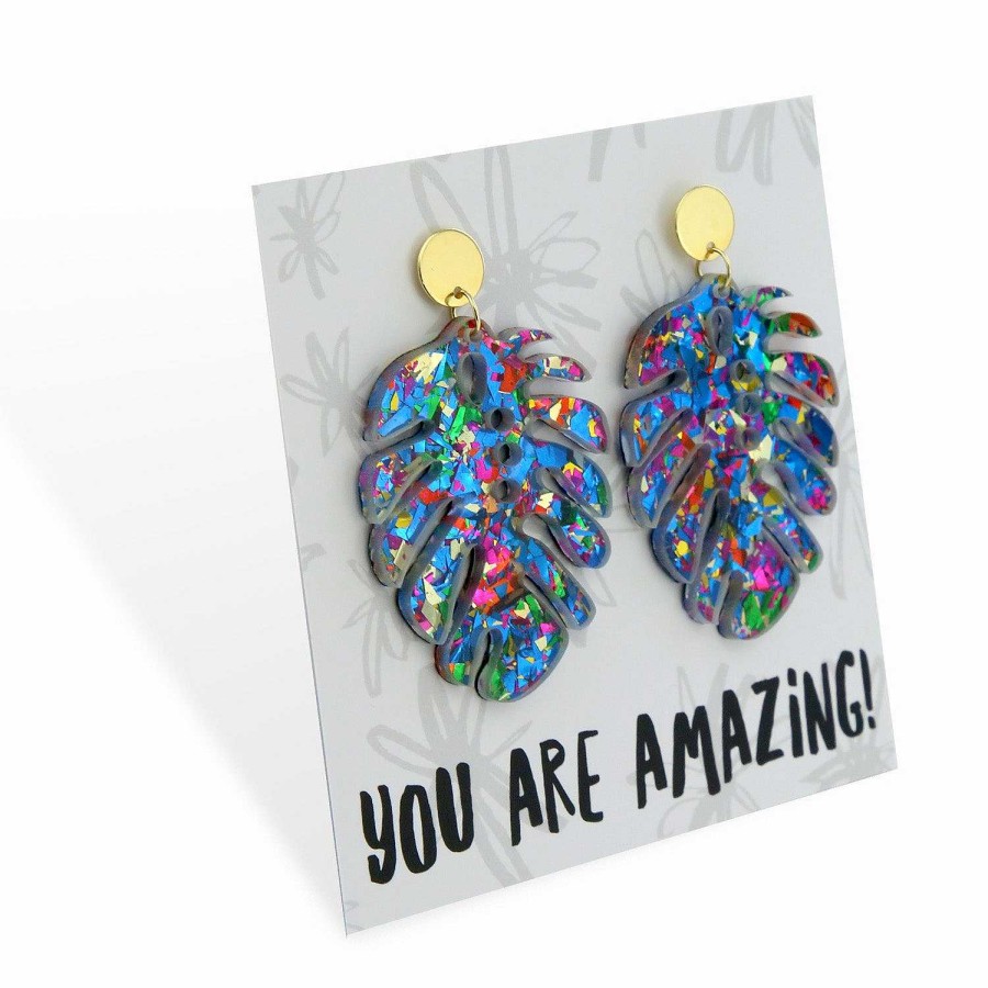 Jewellery Statement Earrings | Resin Statement Dangles - You Are Amazing! - Sparkle Monstera Leaf (11432)