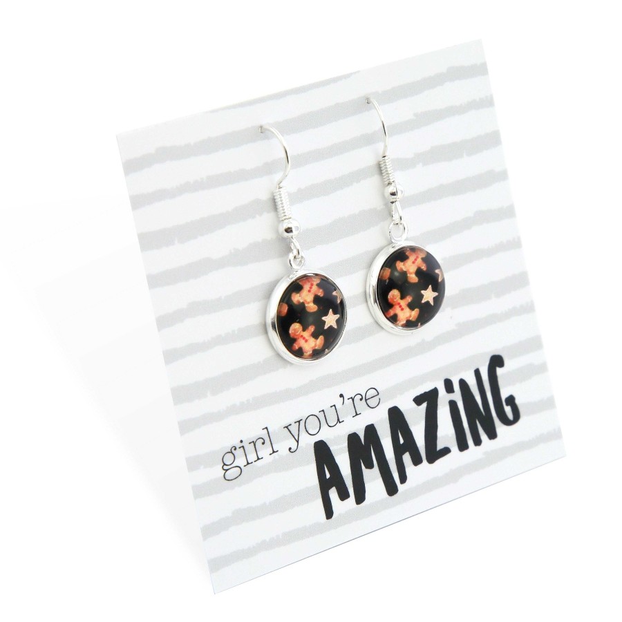 Jewellery Circle Drop Dangles | Christmas - Girl You'Re Amazing - Bright Silver Dangle Earrings - Gingerbread Black (11524)