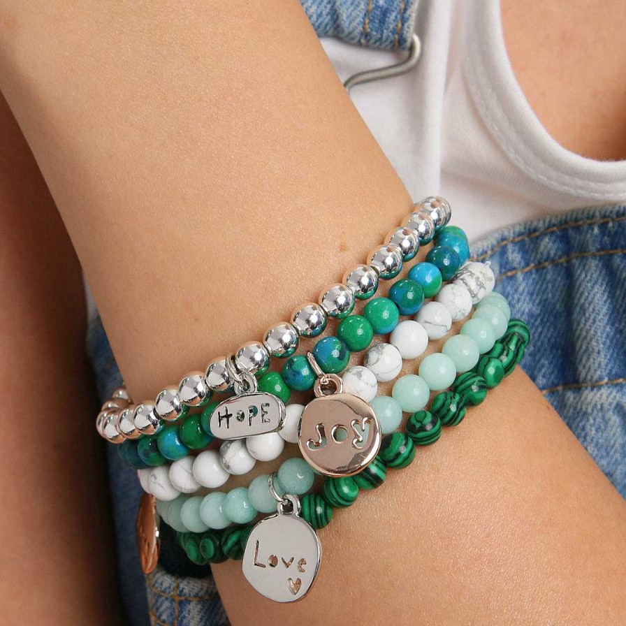 Jewellery Christmas Bracelets | Christmas Bracelet - Green Stripe Malachite Stone 6Mm Bracelet With Rose Gold Word Charm