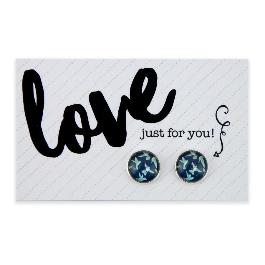 Jewellery Deluxe Stud Earrings | Teal Collection - Love Just For You - Bright Silver Surround Circle Studs - Hummingbird Flock (12342)