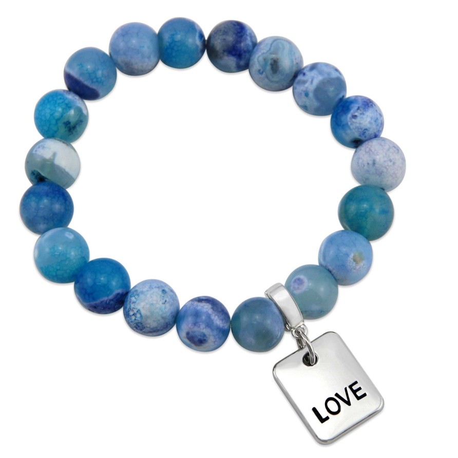 Jewellery Bracelets | Stone Bracelet - Surf Spray Fire Agate 10Mm Beads - With Silver Word Charm