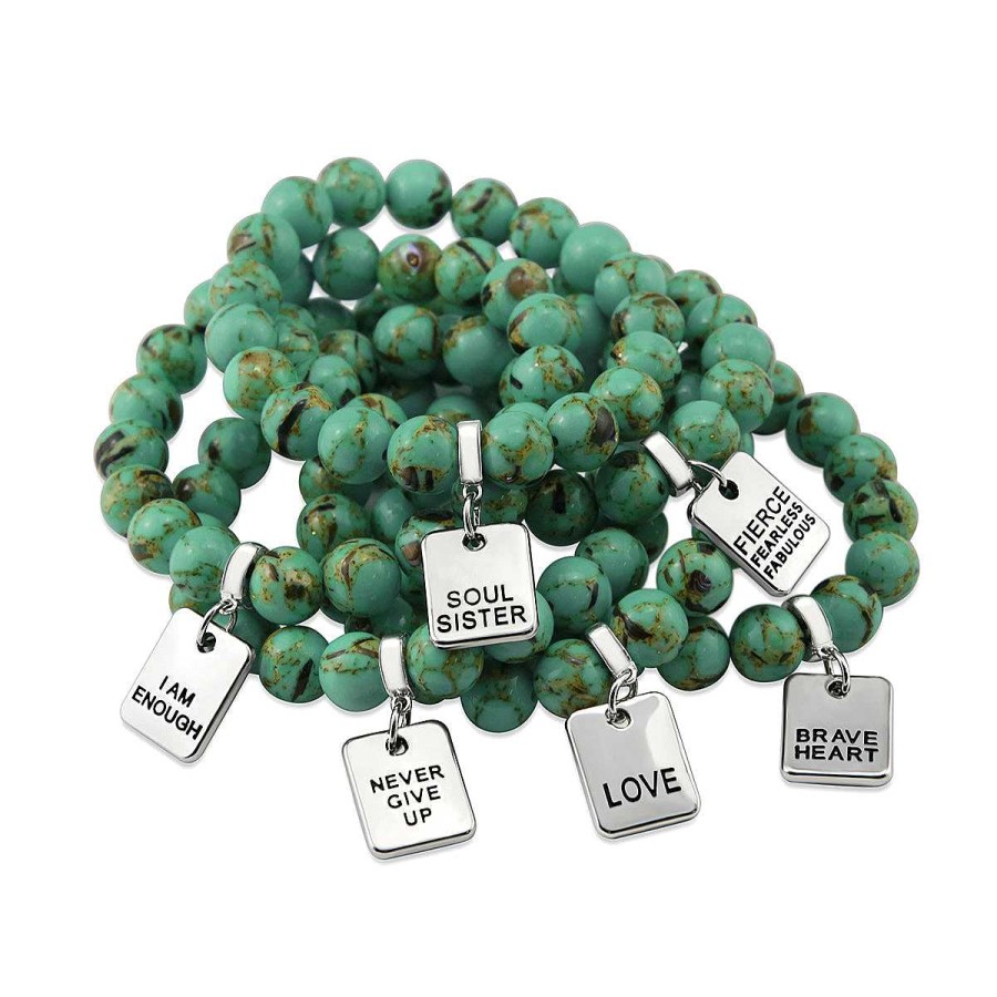 Jewellery Bracelets | Teal Collection Stone Bracelet - Light Teal Synthesis 10Mm Bead Bracelet - Silver Word Charms