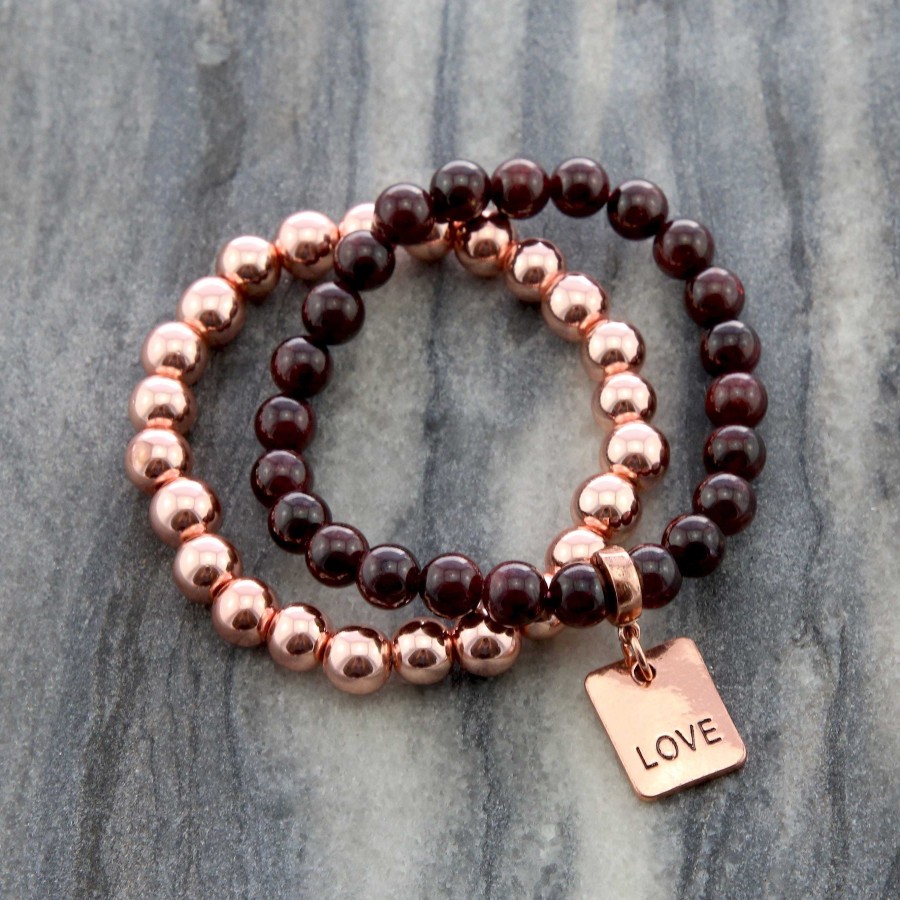 Jewellery Bracelets | Bracelet Duo! Rose Gold & Garnet Bead Bracelet Stacker Set - Love (10363)