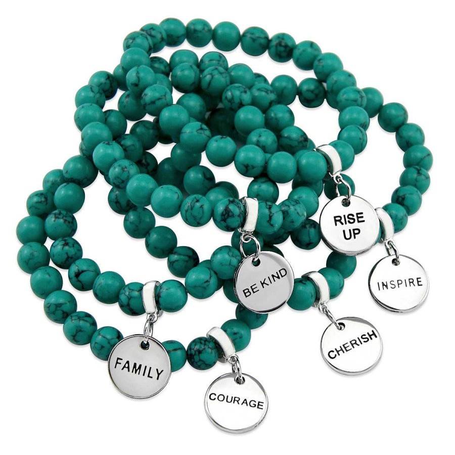 Jewellery Bracelets | Teal Collection Stone Bracelet - Dark Teal Marble Stone 8Mm Bead Bracelet - Silver Word Charms