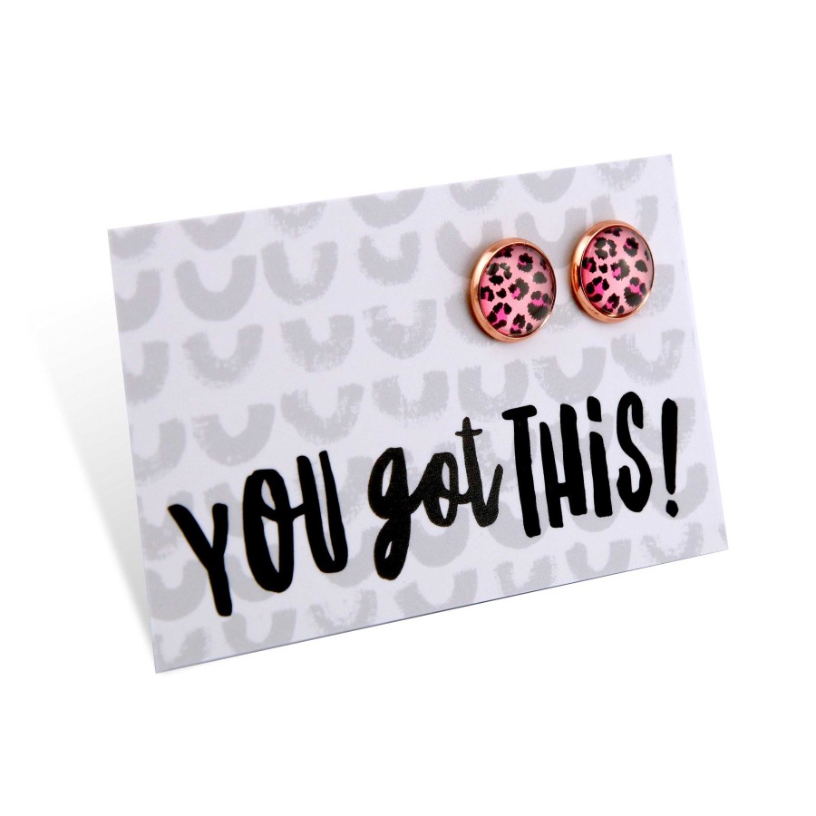 Jewellery Deluxe Stud Earrings | Pink Collection - You Got This- Rose Gold Surround Circle Studs - Pink Leopard (8809-R)