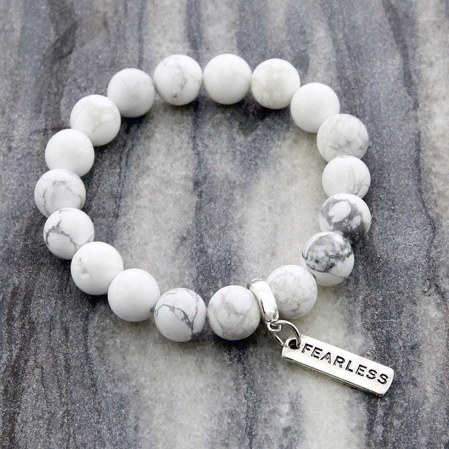 Jewellery Bracelets | Stone Bracelet - White Marble Large 10Mm Bead - With Word Charm