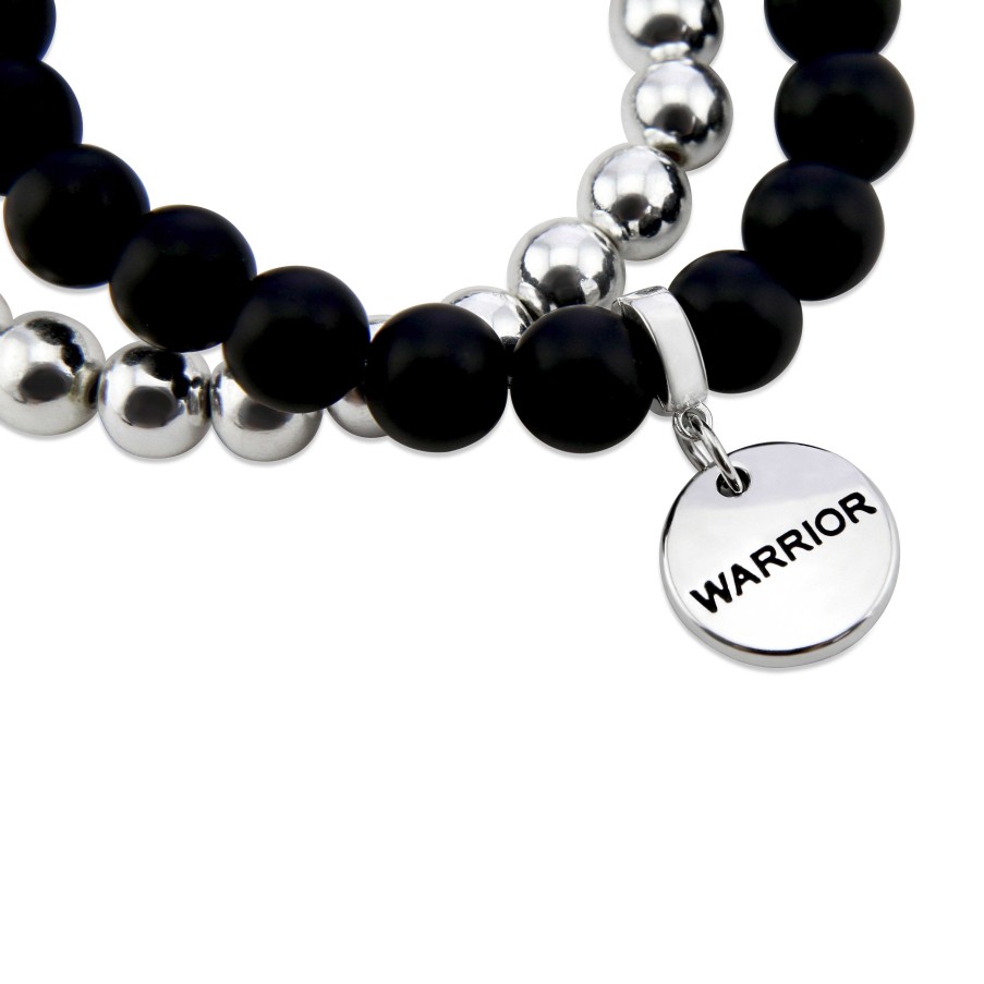 Jewellery Bracelets | Bracelet Duo! Silver & Matt Black Onyx Bead Bracelet Stacker Set - Warrior (12025)