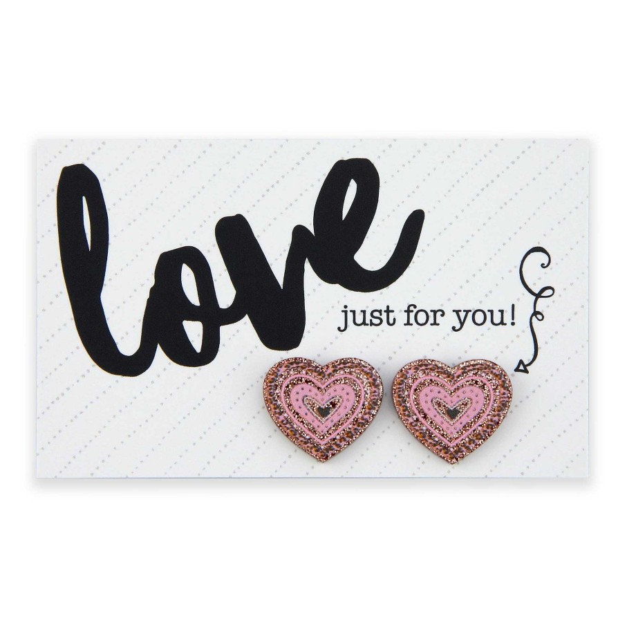 Jewellery Statement Earrings | Acrylic Glitter Heart Studs - Love Just For You - Pink & Rose Gold (2316)