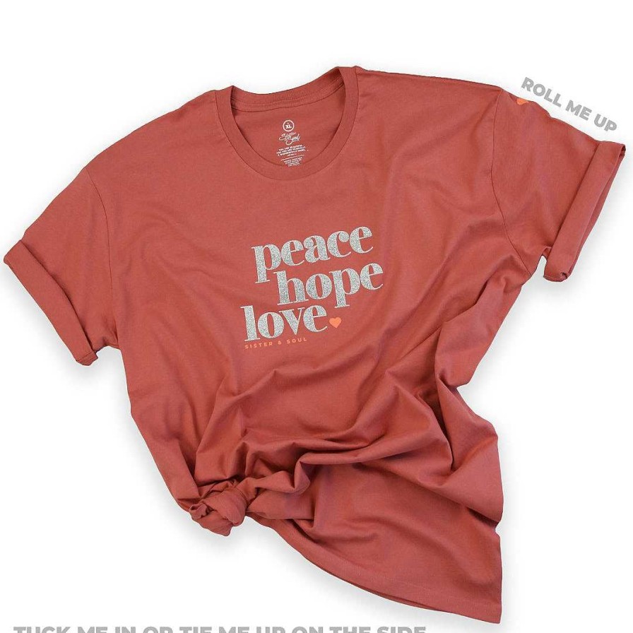 Apparel Tees Tanks & Totes | Peace Hope Love - Plus Size Long Boxy Tee - Dusted Coral With Silver Glitter Print