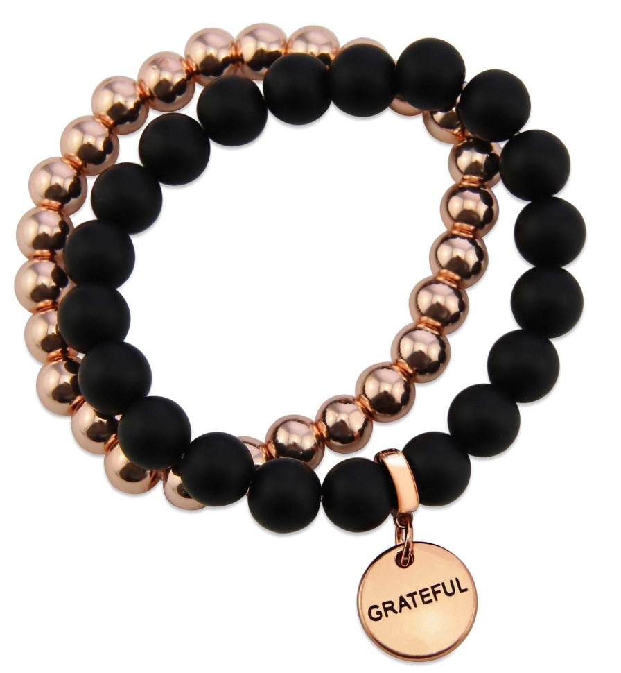 Jewellery Bracelets | Bracelet Duo! Rose Gold & Matt Black Onyx Bead Bracelet Stacker Set - Grateful (11541)