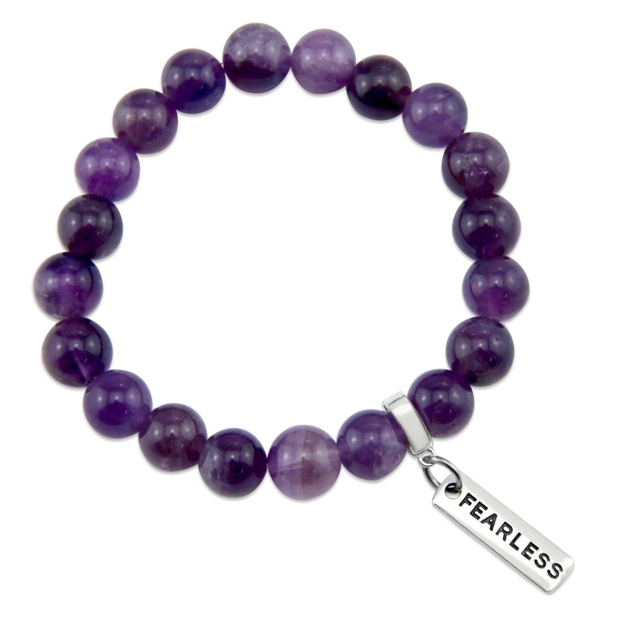 Jewellery Bracelets | Precious Stone Bracelet - Deep Amethyst - Large 10Mm Beads With Word Charms