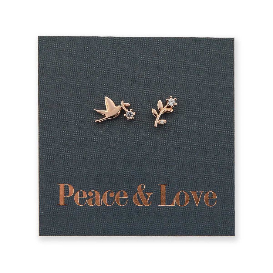 Jewellery Sterling Silver Studs | Dove + Branch Studs - Rose Gold Sterling Silver + Cz - Peace + Love (8815-R)