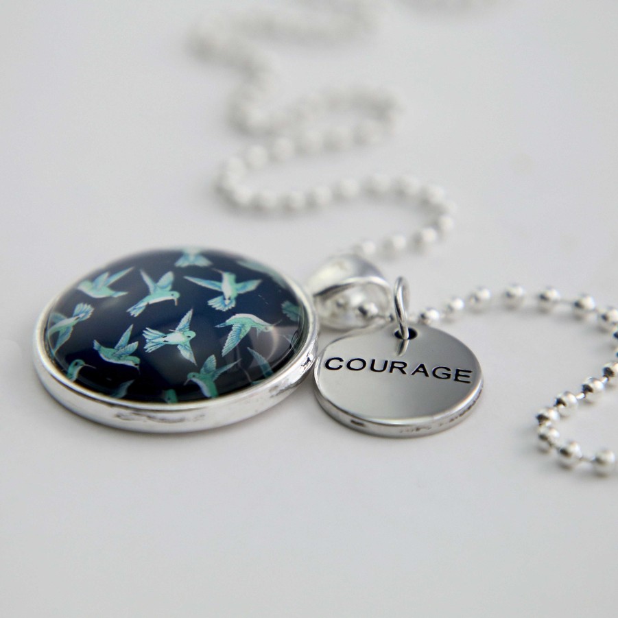 Jewellery Papa Glewy | Teal Collection - Bright Silver 'Courage' Necklace - Hummingbird Flock (12824)