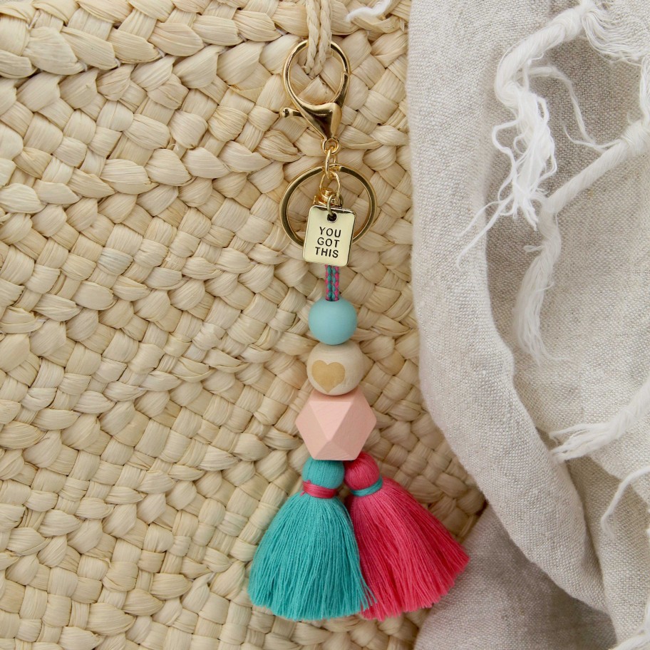 Accessories 50% Off | Tassel + Bead Keyring Accessory Vintage Gold 'You Got This' - Pink & Aqua (4030-1)