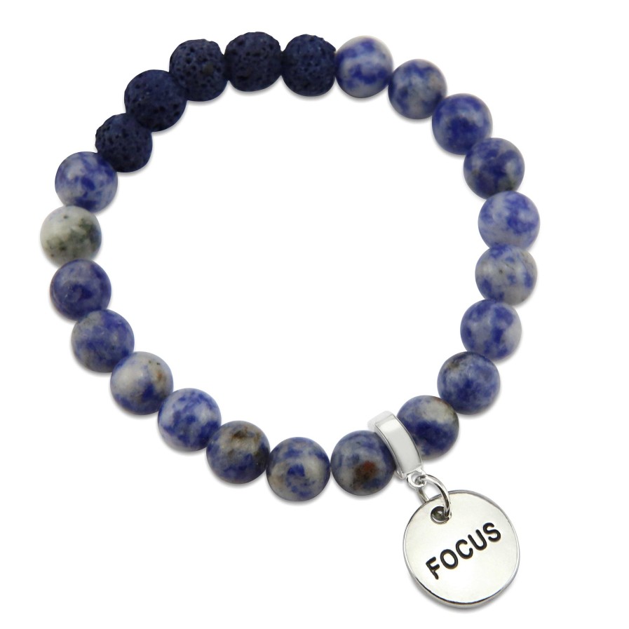 Jewellery Bracelets | Lava Stone Bracelet - 8Mm Sodalite + Midnight Lava Stone Beads - With Silver Word Charm