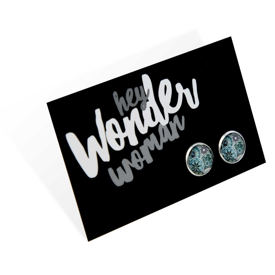 Jewellery Deluxe Stud Earrings | Teal Collection - Hey Wonder Woman - Bright Silver Surround Circle Studs - Cirque (12225)