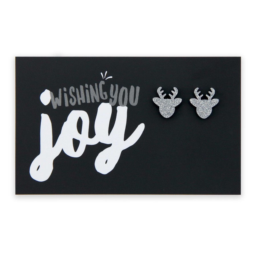 Jewellery Christmas | Sparkle Acrylic Studs Reindeer - Wishing You Joy - Silver Glitter (9316-F)