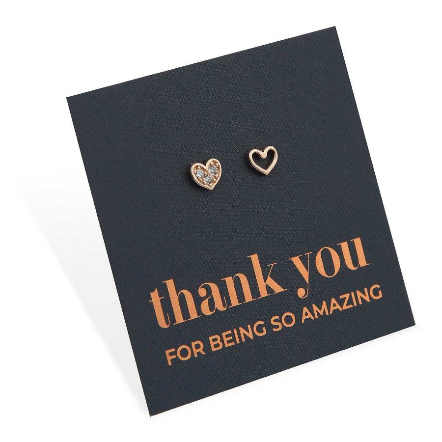 Jewellery Sterling Silver Studs | 2 Hearts - Rose Gold Sterling Silver Studs + Cz - Thank You For Being So Amazing (8305-Rg)