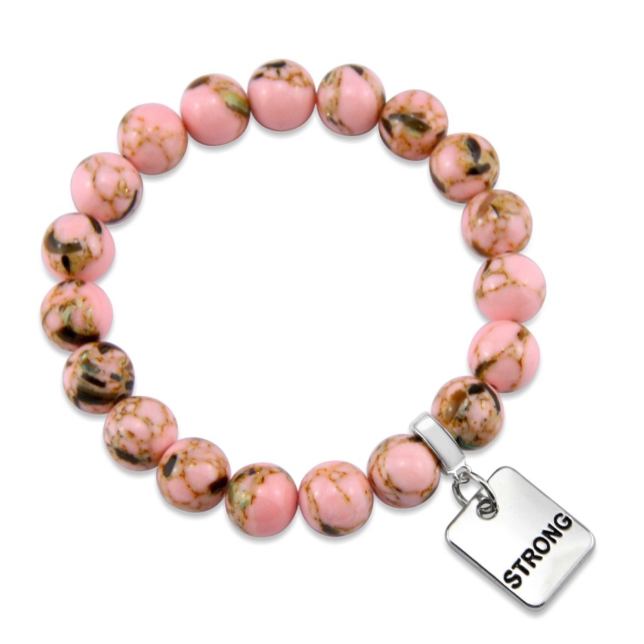 Jewellery Bracelets | Pink Collection - Soft Pink Synthesis 10Mm Bead Bracelet - Silver Word Charms