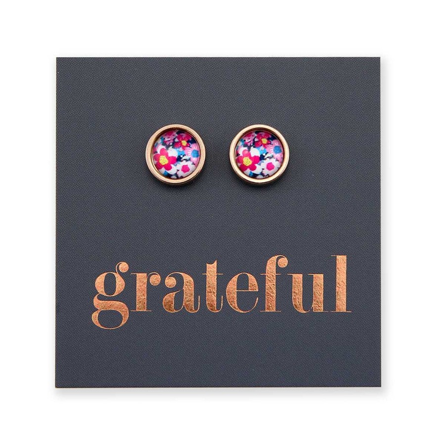 Jewellery Stainless Steel Circle Studs | Grateful - Rose Gold Stainless Steel 8Mm Circle Studs - Pretty Posy Pink (11843)