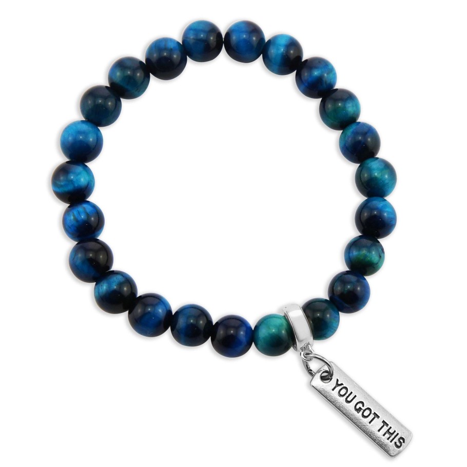 Jewellery Bracelets | Precious Stones - Teal Tigers Eye 8Mm Bead Bracelet - With Word Charms (3014)